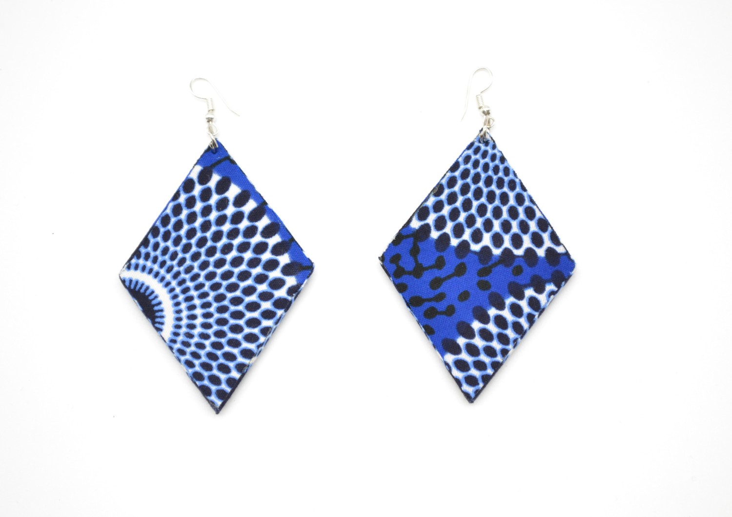 Boucles d'oreilles losange bleues et jaunes en tissu wax Boucles d'oreilles losange bleues et jaunes en tissu wax