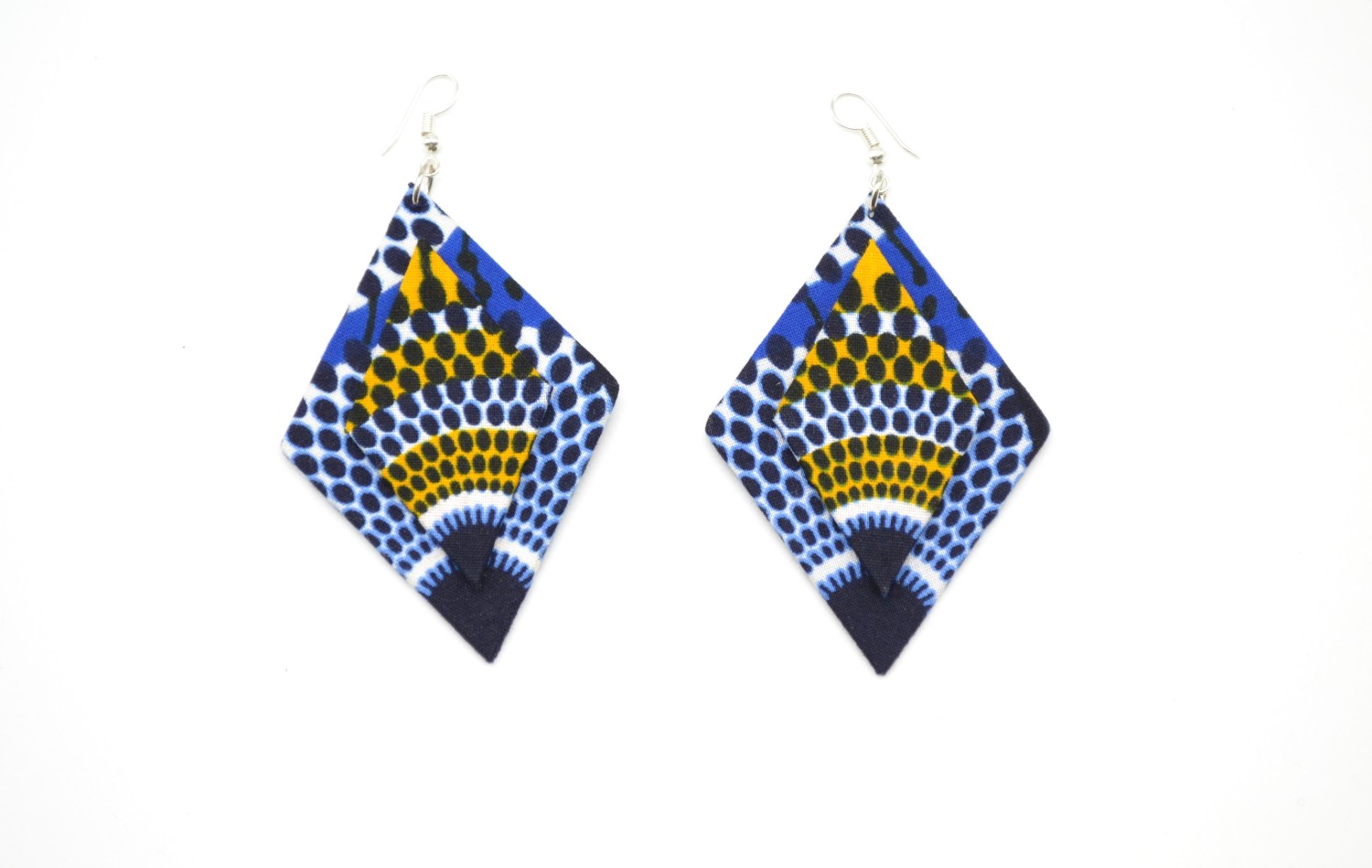Boucles d'oreilles losange bleues et jaunes en tissu wax