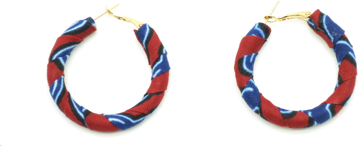 Boucles d'oreilles rondes en tissu wax bleu et rouge