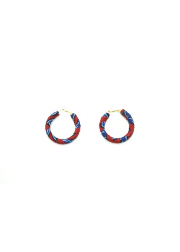 Boucles d'oreilles rondes en tissu wax bleu et rouge