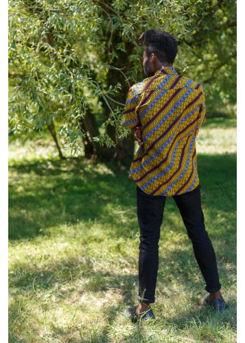 Chemise en tissu wax Jaune, bleu et rouge