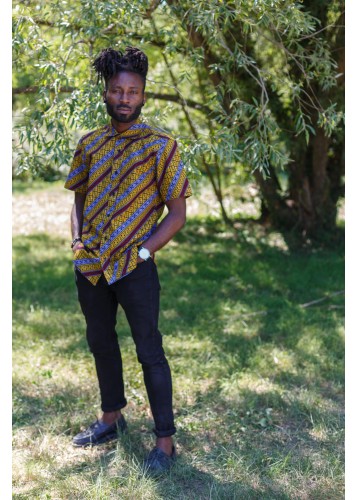 Chemise en tissu wax Jaune, bleu et rouge