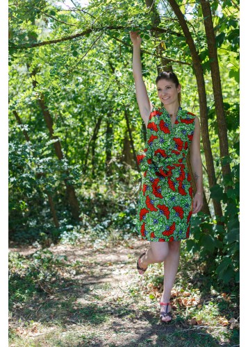 Robe portefeuille en tissu wax vert et orange