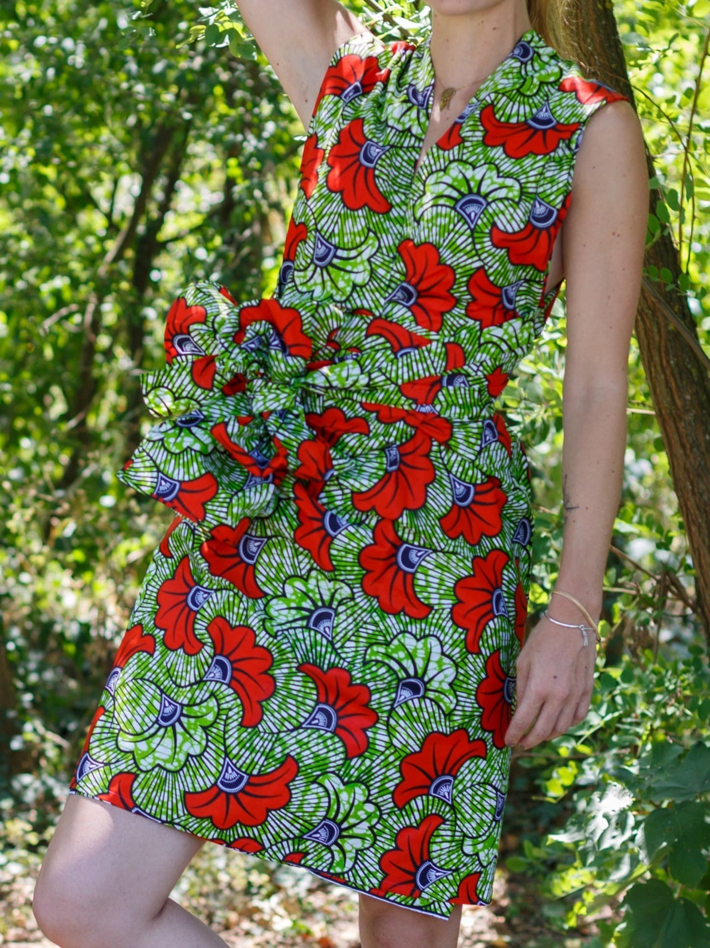 Robe portefeuille en tissu wax vert et orange