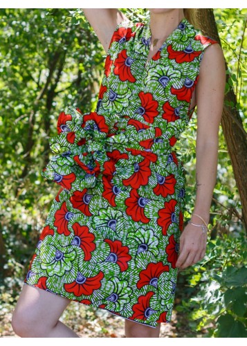 Robe portefeuille en tissu wax vert et orange