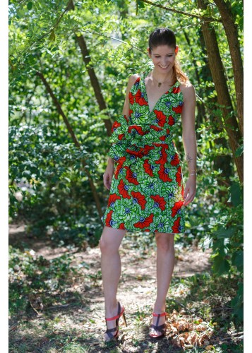 Robe portefeuille en tissu wax vert et orange