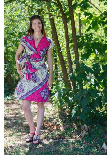 Robe portefeuille en tissu wax rose et beige