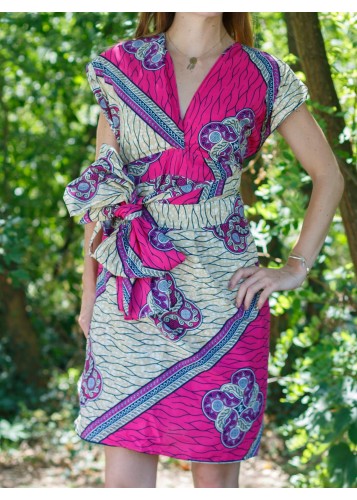 Robe portefeuille en tissu wax rose et beige