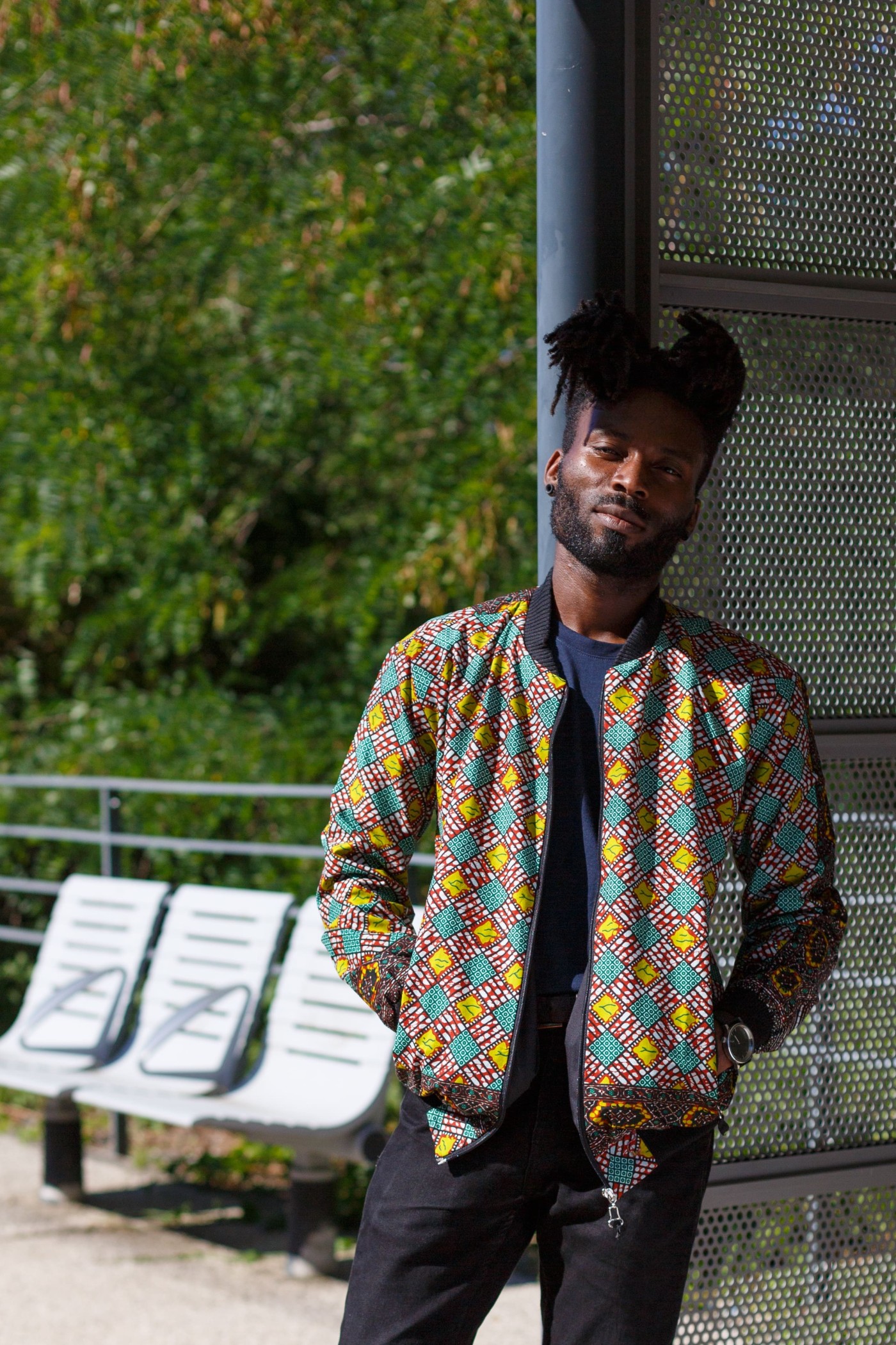 Veste Bombers vert, jaune et rouge en tissu Wax - HOMME