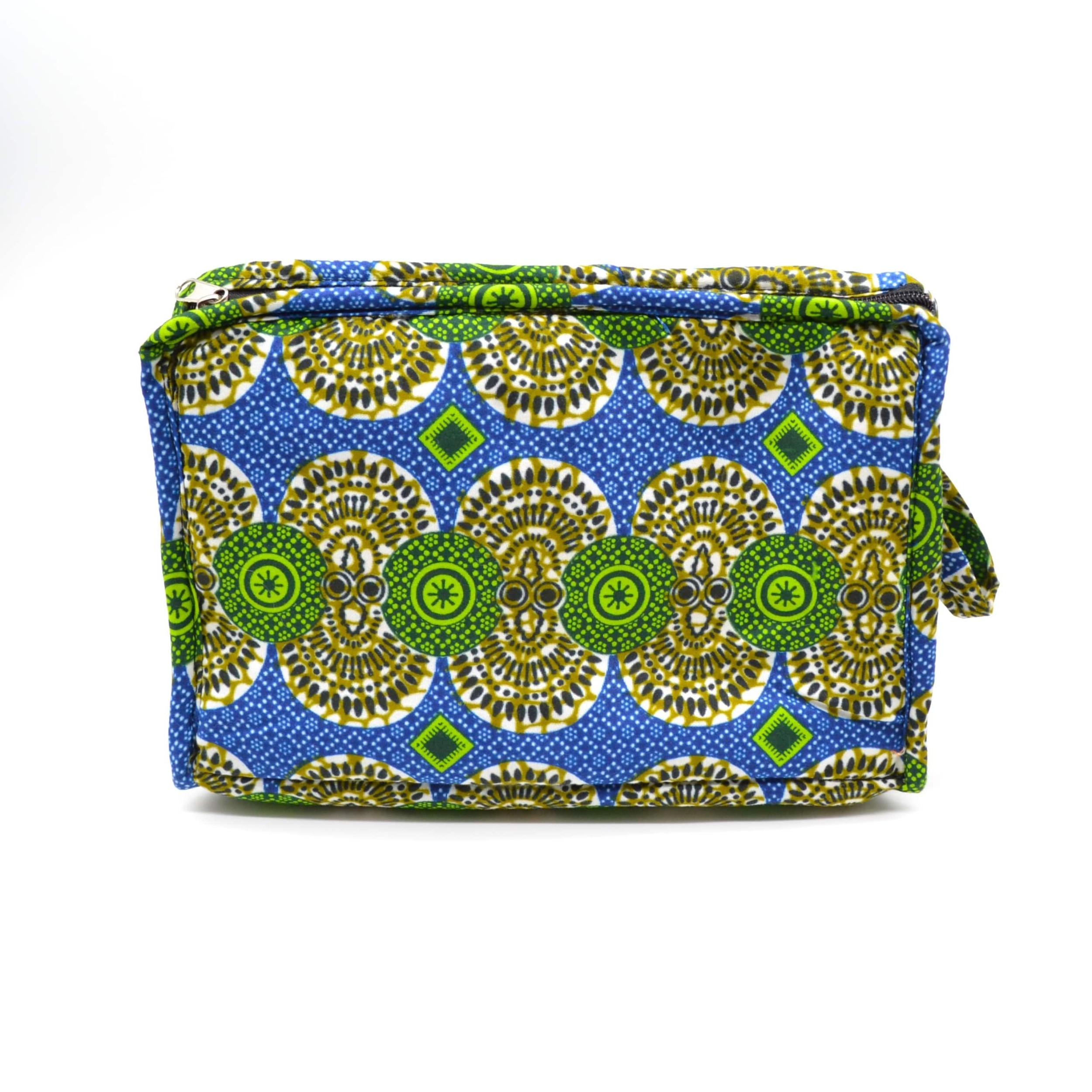 Trousse de toilette en tissu wax verte et bleue