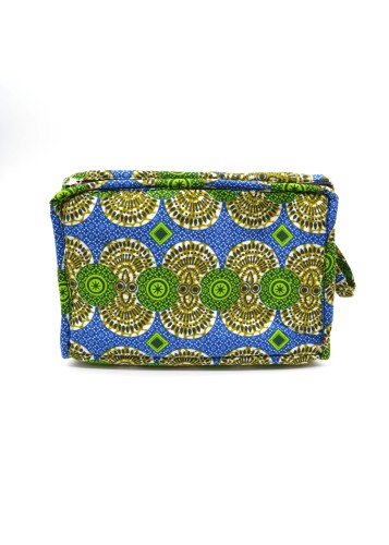 Trousse de toilette en tissu wax verte et bleue