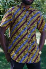 Chemise en tissu wax Jaune, bleu et rouge