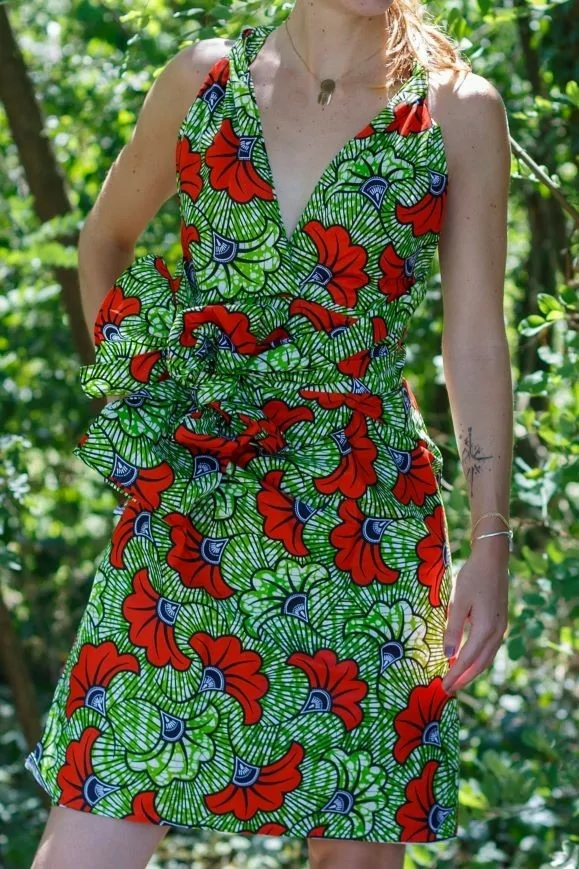 Robe portefeuille en tissu wax vert et orange