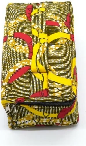 Trousse de toilette rectangulaire jaune et marron en tissu wax