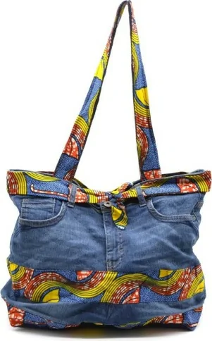 Sac à main multicolore en Jeans et tissu wax jaune