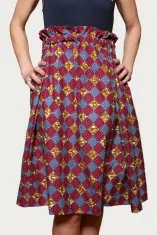 Jupe mi-longue rouge, bleue et marron en tissu wax