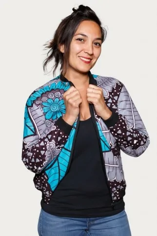 Veste bombers tissu wax bleue et grise Veste bombers tissu wax bleue et grise