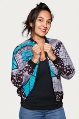 Veste bombers tissu wax bleue et grise