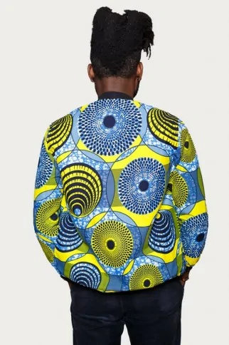 Veste Bombers en tissu wax jaune et bleue