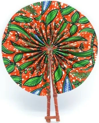 Eventail africain en tissu wax vert et orange