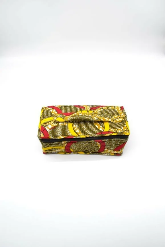 Trousse de toilette jaune et marron en tissu wax