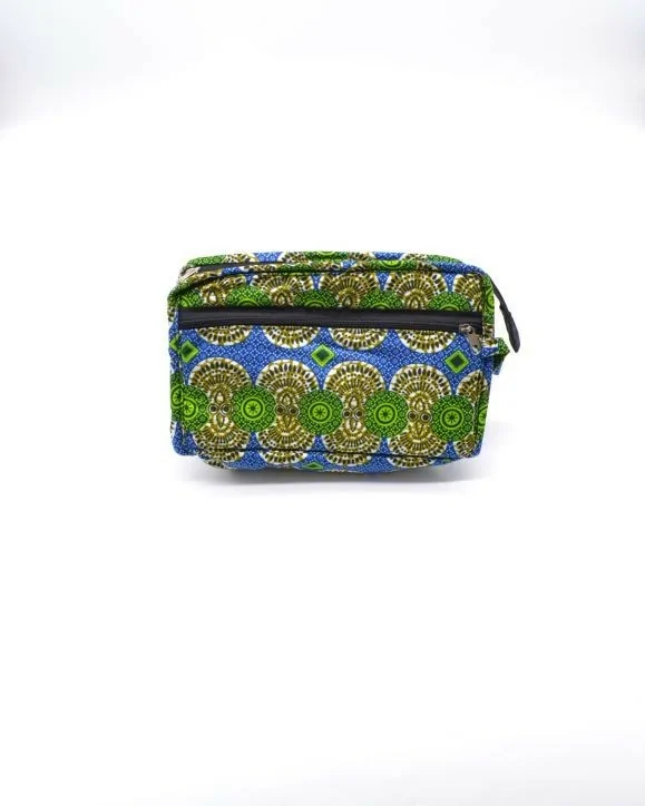 Trousse de toilette en tissu wax verte et bleue