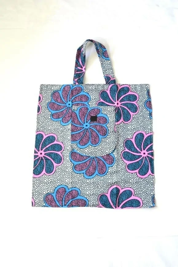Tote Bag bleu, gris et rose en tissu Wax