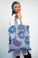Tote bag bleu gris et rose en tissu wax