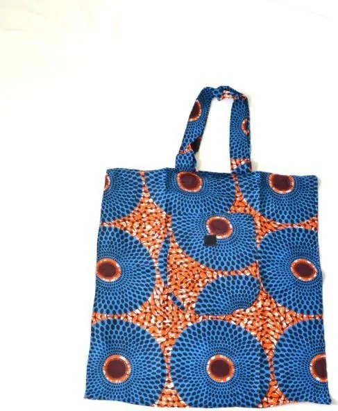 Tote Bag orange avec cercles bleus en tissu Wax