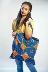 Tote Bag orange avec cercles bleus en tissu Wax Tote Bag orange avec cercles bleus en tissu Wax