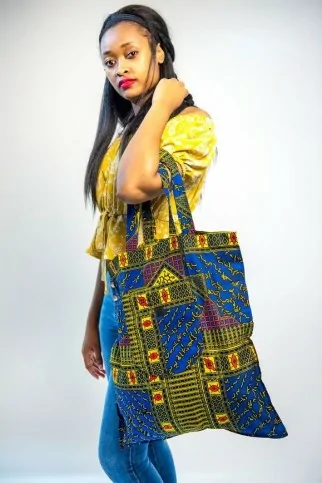 Tote Bag coloré en tissu wax bleu