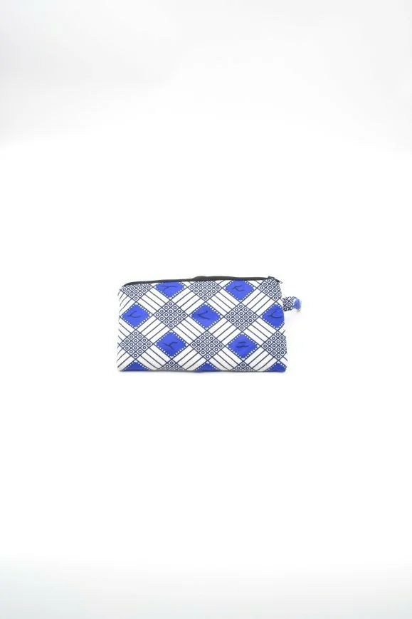 Trousse rectangulaire en tissu wax bleu et blanc