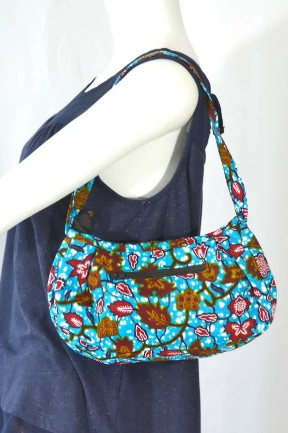 Petit Sac à main bleu et motifs floraux en tissu wax