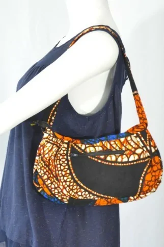 Petit Sac à main bleu, orange et marron en tissu wax