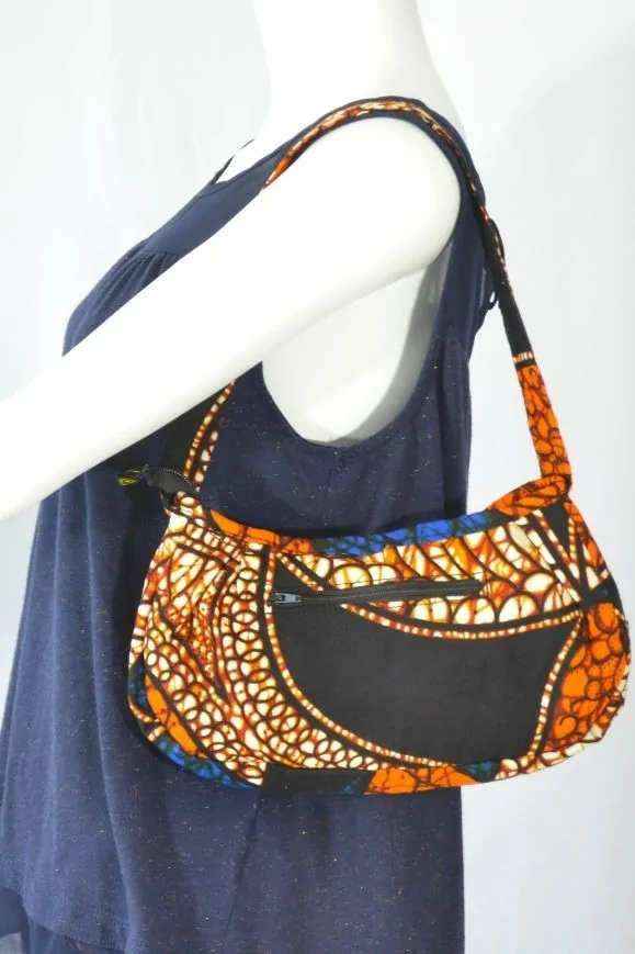 Petit Sac à main bleu, orange et marron en tissu wax