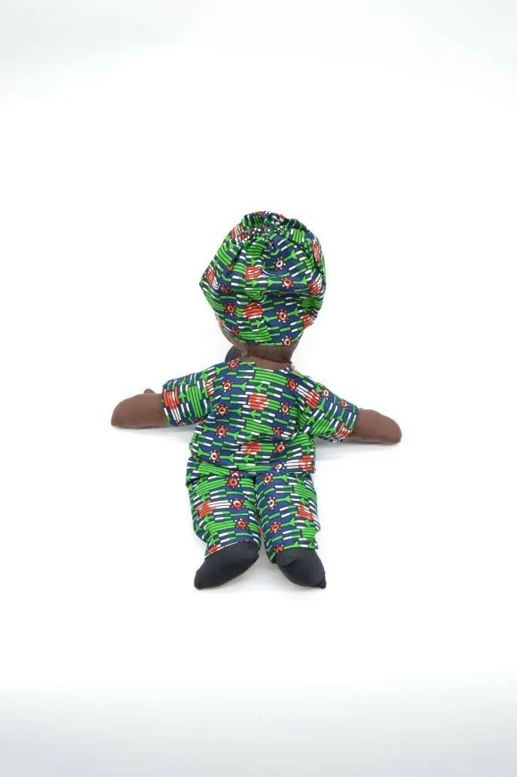 Poupée verte et bleue en tissu wax (Grande)