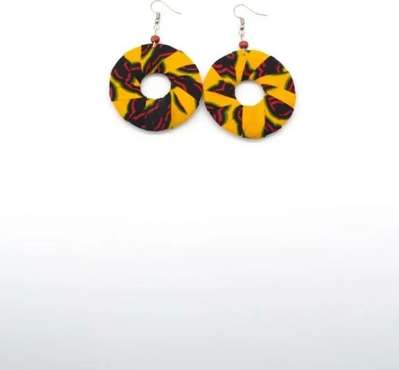 boucles d'oreilles circulaires jaune et rouge en tissu wax