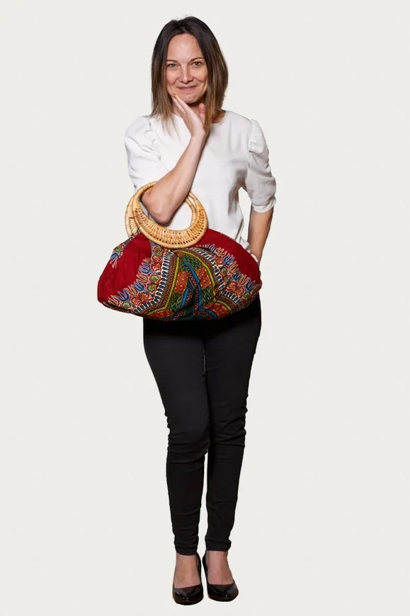 Sac à main rouge et multicolore en tissu wax