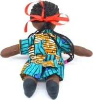 Poupée de chiffon en robe africaine bleue et orange (petite)