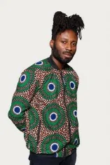 Veste bombers réversible en tissu wax vert, bleu et rouge