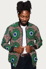 Veste bombers réversible en tissu wax vert, bleu et rouge