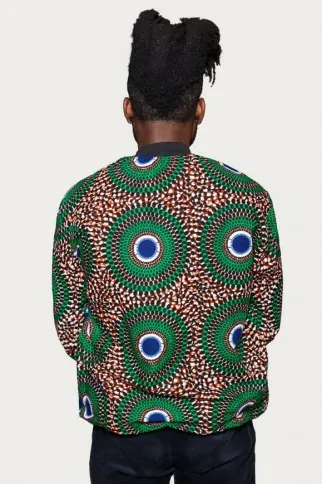 Veste bombers réversible en tissu wax vert, bleu et rouge