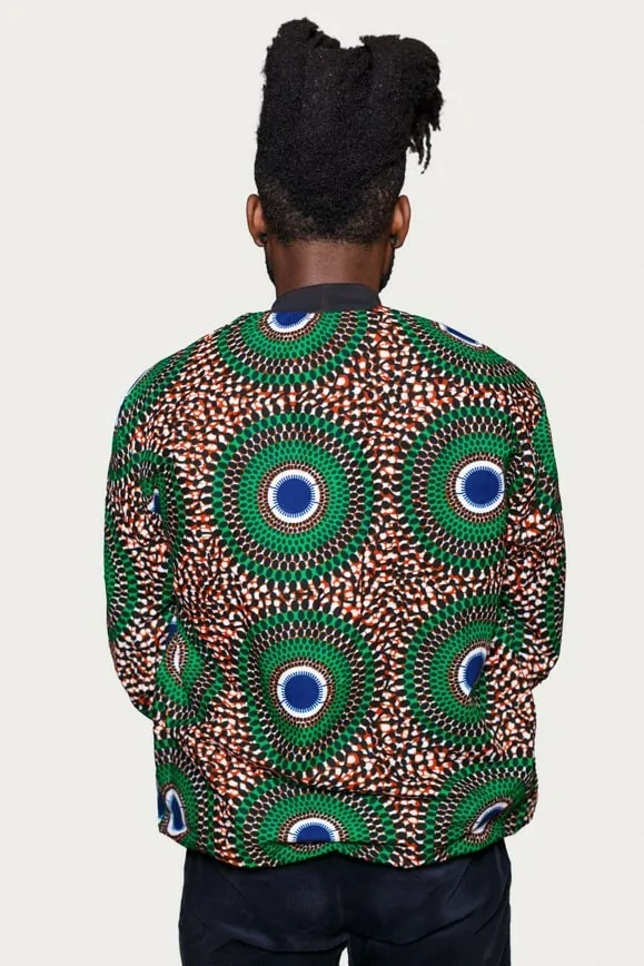 Veste bombers réversible en tissu wax vert, bleu et rouge