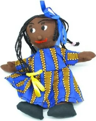 Poupée de chiffon en habit tissu wax bleu et jaune