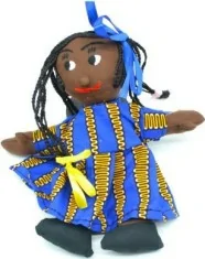 Poupée de chiffon en habit tissu wax bleu et jaune