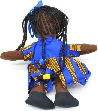 Poupée de chiffon en habit tissu wax bleu et jaune (petite)