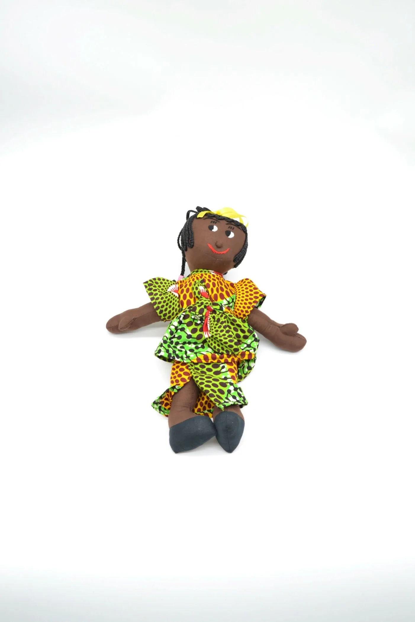 Poupée de chiffon avec robe verte et jaune en tissu wax Poupée de chiffon avec robe verte et jaune en tissu wax