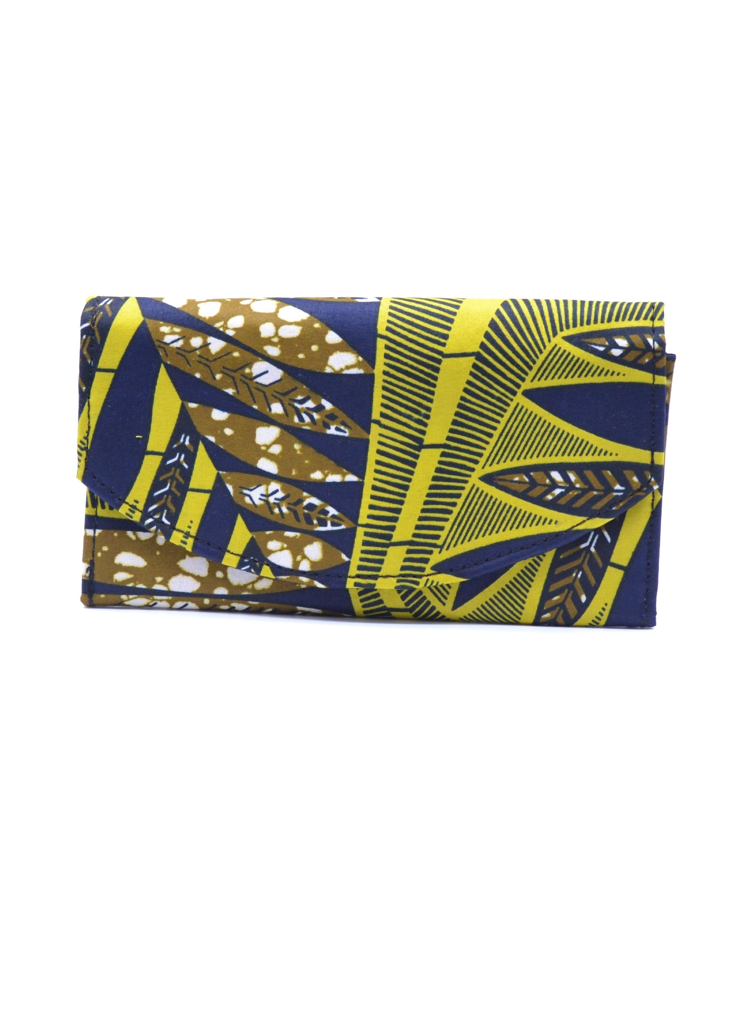 Portefeuille artisanal en tissu Wax jaune et marron