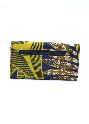 Portefeuille artisanal en tissu Wax jaune et marron