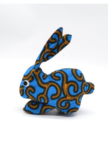 Peluche lapin bleue et jaune en tissu wax